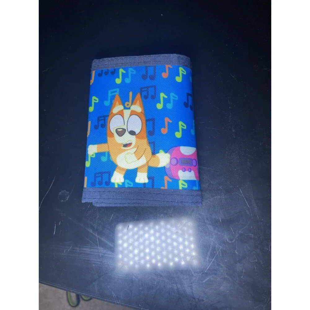 Bluey & Bingo Kids Trifold Wallet Blue Musical Notes Hook And Loop Zipper Pocket